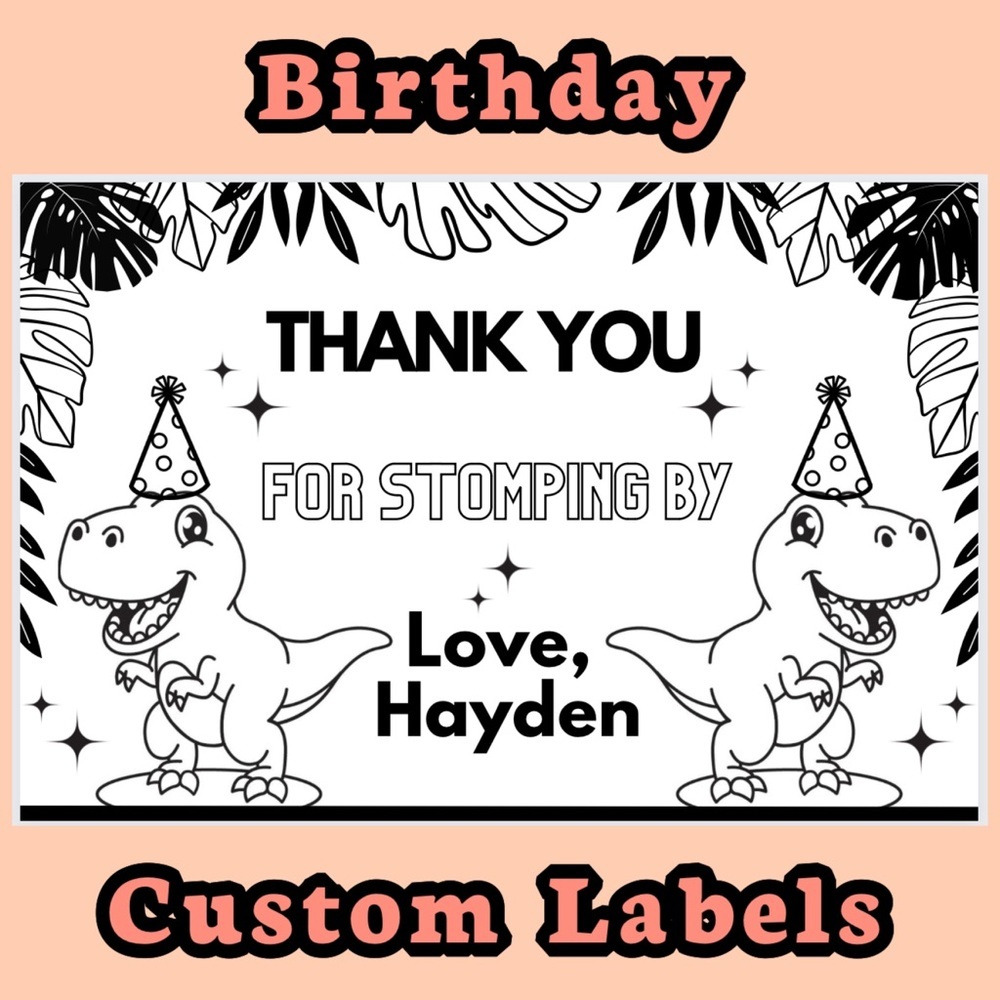 Custom Birthday Labels | 50 | Thermal Labels | Black and White | Dinosaur